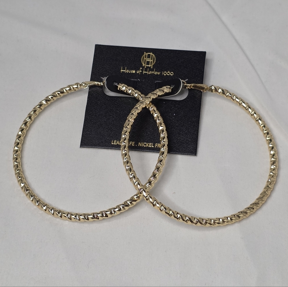 House of Harlow 1960 Gold Twisted Rope Oversized Hoop Earrings 3.5 Inch Round